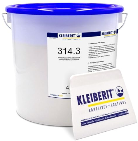 KLEIBERIT 314.3 Holzleim D3 – PVAc Dispersionsleim 4,5 kg Eimer – wasserfest nach D3 für Holz, Furnier, Flächen- & Kantenverleimung – kurze Presszeit, hohe Festigkeit – inkl. Leimspachtel