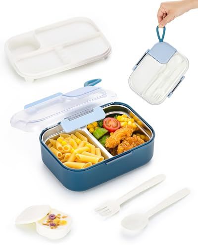 Lille Home 750 ML Meal Prep Lunch Box, Portable Stainless Steel Bento Box 2 Compartment Snack Container with Cutlery Set & Sauce Container, Easy to Carry, BPA Free(Blue)