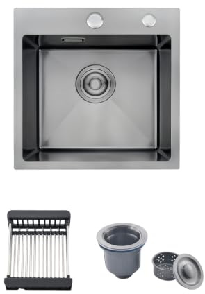 38 x 38 cm Evier Cuisine Inox 1 Bac avec Panier Télescopique, Noir | Évier 1 Cuve Acier Inox, Pose Encastrée ou Sur Plan, Équipé de 2 Trous Robinetterie, Bonde de Vidange Complète