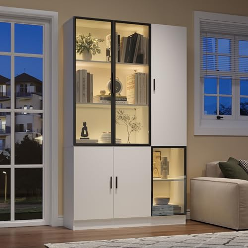 Httcg Vitrine Glasvitrine Stehend mit LED Licht und Bücherregal, Vitrinenschrank Hochschrank mit 6 Türen, Wohnzimmerschrank Bücherschrank mit Griff, Schrank Weiß, Wohnzimmer Möbel, 120x35x200 cm
