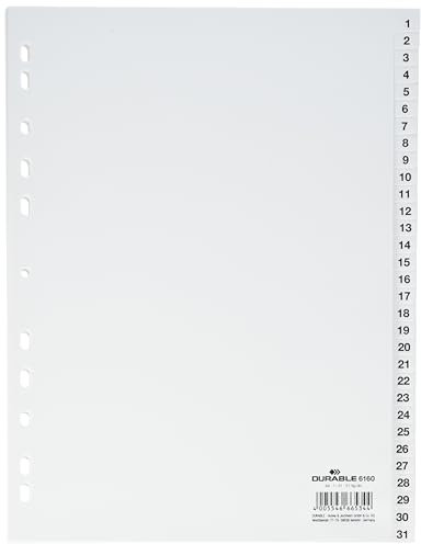 Durable Zahlenregister (PP, A4 hoch, geprägte Taben 1-31, volldeckend, Universallochung) 1 Stück, weiß, 616002