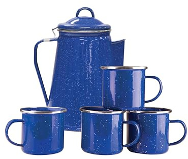 Stansport Enamel Percolator Coffee Pot & 4 Mug Set (11230),Blue