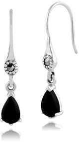 Boucles d'oreilles pendantes style Art Nouveau en argent sterling 925, onyx noir et marcassite