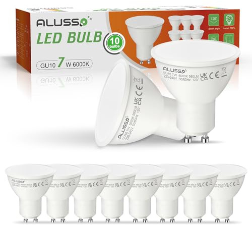 ALUSSO GU10 LED Kaltweiss 7W Lampe, 6000K Kaltweiß Leuchtmittel, 10 Stück | 120 ° breiter Abstrahlwinkel, entspricht 70 W, nicht verstellbar, ideal für Wohnzimmer, Schlafzimmer, Küche