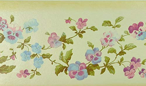 Dundee Deco BD6194 Prepasted Wallpaper Border - Floral Beige, Green, Pink, Blue Garden Pansies on Vine Wall Border Retro Design, 15 ft x 7 in (4.57m x 17.78cm)