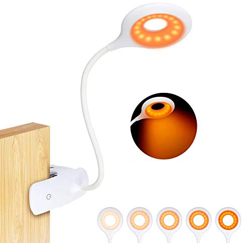 flowlamp Clip On Reading Light for Bed Headboard - Rechargeable 16 LED Amber Book Lights, 5 Brightness Desk Light Clamp Lamp, Touch Control Dimmable Reading Lamp with Flexible Neck