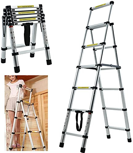 Indoor Step Ladder 6 Tread Telescopic A Frame Ladders Anti Slip Heavy Duty Foldable Stepladder EN131 Approved Up to 330lbs Capacity for DIY Printing Decorating Kitchen Office Garden