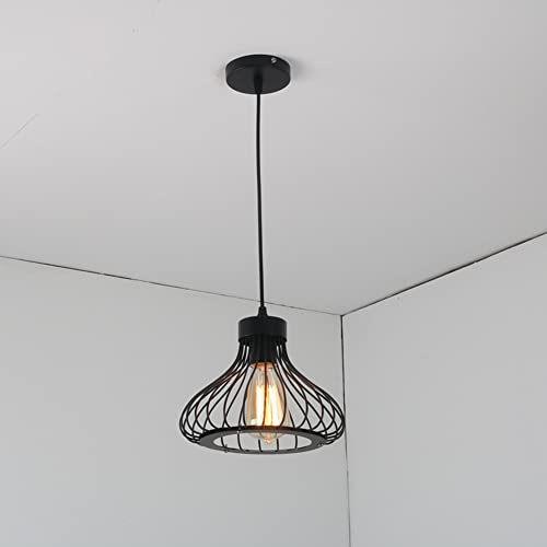 Industrial Black Metal Cage Pendant Light E27 Hanging Ceiling Lamp for Home | Sturdy iron frame, open cage shade, vintage style, fits dining area, bar counter, hallway, entryway, bedroom, kitchen island
