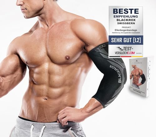 BLACKROX armbågsbandage jämförelsevinnare, tennisarm bodybuilding med kompression för kvinnor och män, elastisk, för fitness, volleyboll, handboll, styrketräning, höger och vänster, storlek M