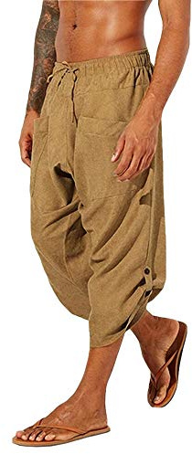 Gafeng Mens Linen Harem Capri Pants Drawstring 3/4 Shorts Casual Beach Yoga Hippie Thai Pants