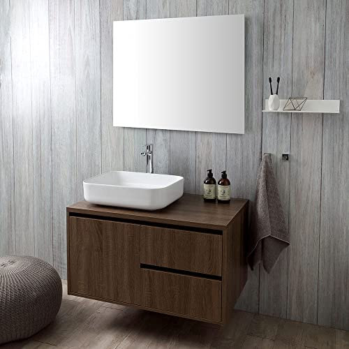 Kiamami Valentina - Mueble de baño suspendido de 90 cm con Puerta y cajones en Color Nogal, Lavabo de Apoyo y Espejo 90x70 | Siena