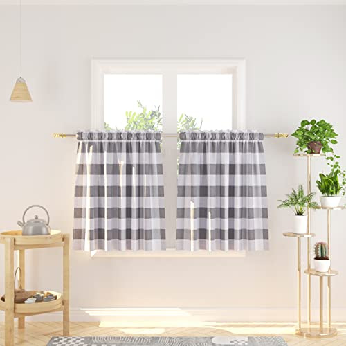 NATUS WEAVER Cafe Curtains 30 inches Long Buffalo Plaid Kitchen Tiers 2 Panels Rod Pocket Gingham Check Short Small Half Window Curtains Bathroom Grey & White