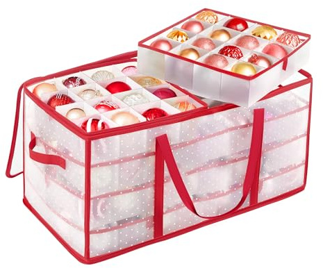 SONGMICS Large Christmas Ornament Storage Boxes, 3-Inch Balls, 8 Trays, 128 Slots, Plastic Christmas Storage Container with Lid, Dual Zippers, Side Handles, Cherry Red URFB029T01