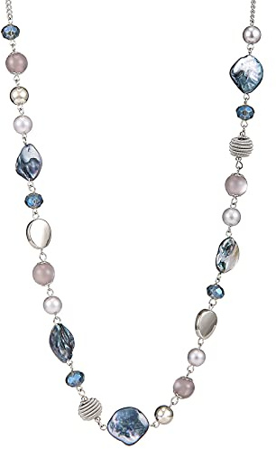 FULU AUTUMN Long Silver Beaded Necklace for Women Chain Necklace with Shell Crystal Pearl Beads Fashion Jewellery Gifts for women(Blue)