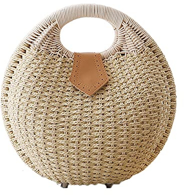 Hixingo Handtaschen Strohtaschen Damen Strandtasche Stroh, Runde Vintage Sommer Boho Geldbörse Strand Gewebte Tasche Frauen, Strohsack für Reisen und Urlaub