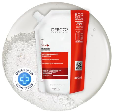 Vichy Dercos, Shampoo Energizzante Eco-Ricarica, Per Tutti i Tipi di Capelli, Azione Anti-Caduta, Capelli Sani e Forti, Arricchito con Aminexil e Niacinamide, 500 ml