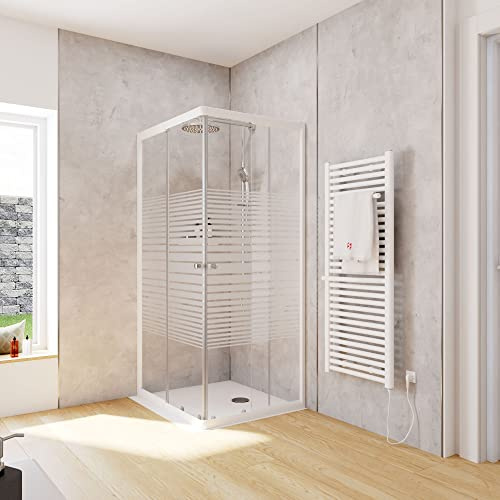 Schulte Duschkabine Corner Eckeinstieg mit Schiebetüren Alpinweiß 4 mm Sicherheitsglas (ESG) Dekor Querstreifen 90x75 cm, Montage auf Duschwanne oder Fliese