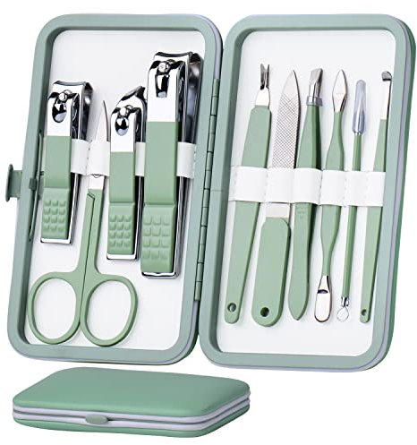 HANTEKAS Maniküre-Set 10 in 1 aus Edelstahl, Nagelknipser, Schere, Pediküre-Werkzeuge – Tragbares Reise-Pflegeset für Männer und Frauen mit Lederetui (Jadegrün)