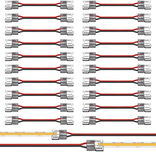 20 Pack COB LED Connectors, 2 Pins 8mm Solderless Crystal Connector 15cm Double Headed Snap Connector Low Voltage Single Color Light Strip Connectors for DIY COB/SMD Light Strips