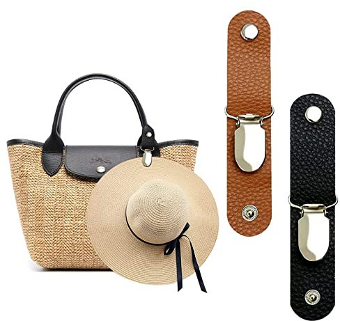 IOSPKKIO® Lot de 2 clips de chapeau de voyage pour le voyage, clip de chapeau en cuir PU, clip de chapeau d'extérieur, clip de chapeau multifonction pour bec de canard (marron+noir)