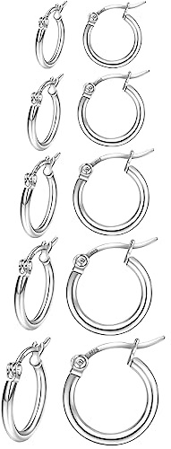 5Pairs Sterling Silver Hoop Earrings-Silver Hoops Earrings for Women Sleeper Small Hoop Earring Tiny Mini Hoops Earring for Girls Women 8/10/12/14/16mm PABBEU