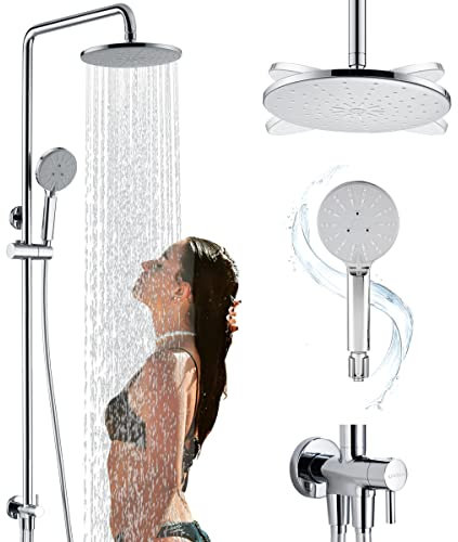Uvish Regendusche Duschsystem ohne Armatur Edelstahl Duschset Duschgarnitur mit Handbrause Duschkopf, Runder Kopfbrause und Umstellung für die Wandmontage, Chrom