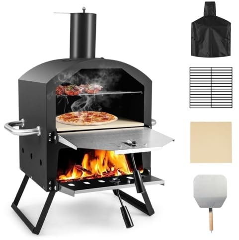 TANGZON Outdoor Pizza Oven, 2 Tier Wood-fired Pizza Maker with Waterproof Cover & Pizza Stone, Outdoor Garden Patio BBQ Pizza Cooker for Meat Fish Veg (with 1 Grill, 54 x 31 x 72 cm)