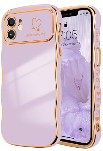LCHULLE Kompatibel med iPhone 12, mobilskal, kärlekshjärta, flicka, fodral, vågor, lockig form med upphöjt kameraskydd, lyxigt, galvaniserat skyddshölje, flickfodral för iPhone 12, ljuslila