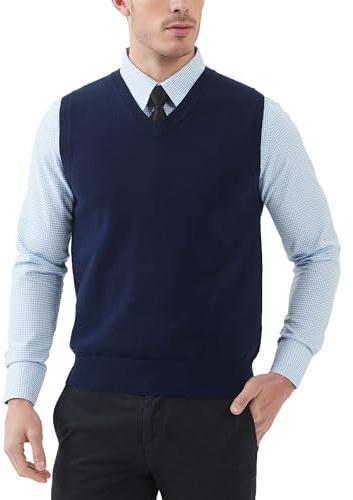 Kallspin Uomo Cotone Senza Maniche Maglie con Scollo a V Gilet in Maglia Pullover dal Taglio Rilassato(Blu Navy, M)