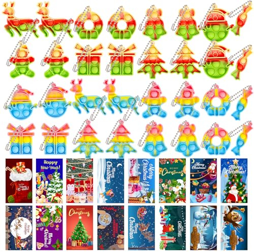 HOUT 32 Stück Weihnachten Pop Fidget Schlüsselbund Spielzeug: Mitgebsel Kindergeburtstag Kleines Geschenk für Kinder with 32 Weihnachtskarte - Christbaumschmuck Poppet Bubble Stress Reliever Toys