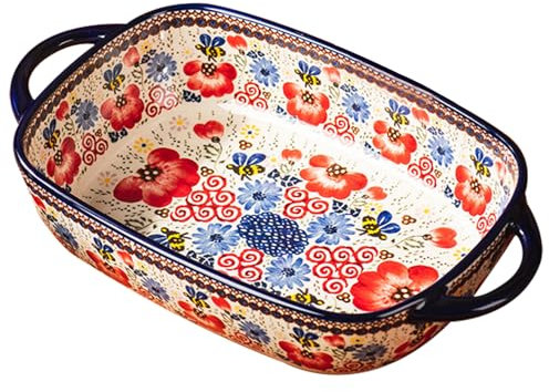 Pequeña fuente para hornear, plato para hornear, plato de horno de cerámica resistente al calor de 730 ml con manijas dobles, plato de lasaña de rectángulo con estampado de flores, platos de cazuela