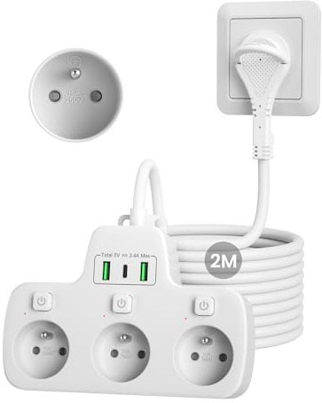Steckdosenleiste mit 3 französischen Steckdosen mit Erdungspfosten | Mehrfachsteckdose mit extra flachem Stecker, Mehrfachsteckdose USB mit unabhängigem Schalter, 2M Kabel, weiß