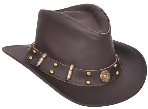 Cowboyhut aus echtem Leder, Westernhut, australischer Buschhut, Bullet-Stil, Denver-Braun, braun, M