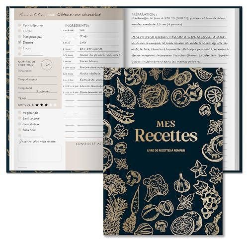 BIROYAL Carnet de recettes à remplir A5 relié | Livre de recettes vierge 224 pages | 100 recettes | Cahier de cuisine vide | Pour des plats familiaux et gourmands