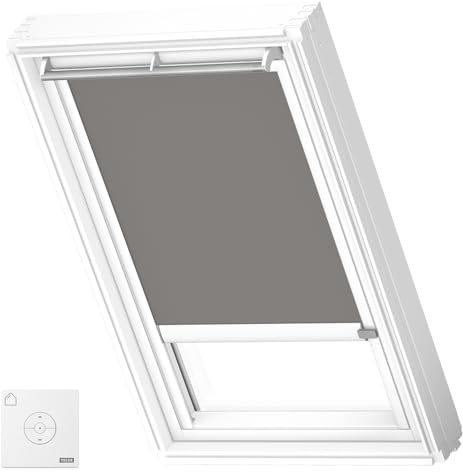 VELUX Solar Verdunkelungsrollo, weiße Schienen, M06, Grau | Solarbetrieb, Fernbedienung, stufenlose Anpassung