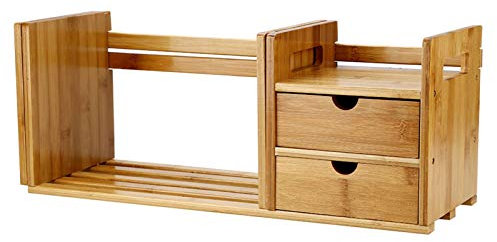 Erweiterbarer Bambus-Schreibtisch mit 2 Schubladen – Bücherregal aus Holz für Büro, Tisch, Bücherregal, Ausstellungsregal, stilvolles Schreibtischzubehör für Zuhause und Arbeitsplatz