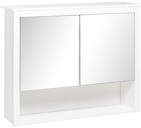 HOMCOM Armoire de Salle de Bain avec Miroir, Armoire Murale de Salle de Bain, avec étagère de Rangement Ouverte, 2 Portes-Miroir, 80 x 20 x 65 cm, Blanc