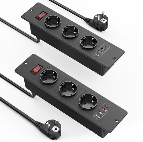 2-Pack Regleta de Mesa con USB C PD20W, 3 enchufes con 3 USB, regleta de Mesa con Interruptor, Enchufe empotrable con USB para Muebles o Superficies de Trabajo, Cable de 2 m, Negro