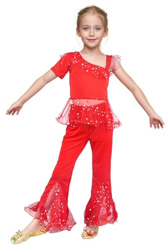 Baisdan Costume Danza del Ventre Ragazze 7-8 anni - Set Principessa Araba con Stile Indiano per Halloween, Carnevale e Feste a Tema, Rosso