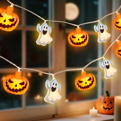 Halloween Decoration String Light Outdoor: Warm White Pumpkin & Ghost Lights with Remote & Timer Waterproof Battery Powered Indoor Outdoor Garden Window Halloween Decorations (10 Lights/1.5m)