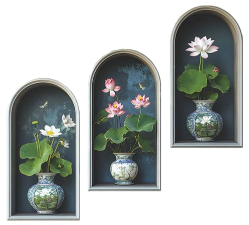 SanKristo 3 pièces 21 * 39CM Fleurs de lotus Autocollants muraux Plante en pot Vases à fleurs 3D Plantes vertes et feuilles Décoration murale Moderne Tableau mural pour salon Bureau Hôtel Cuisine