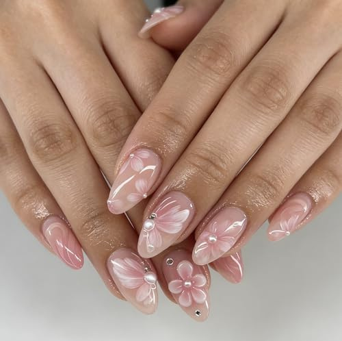 Unghie Finte Corte MouyouGlow,Mandorla Nudo Gradiente Rosa 3D Fiori Floreali Strass Pearl Design Y2k Press on Nails con Colla,Pink Sfumatura Flowers Diamant Estate INS Sweet ake Nails