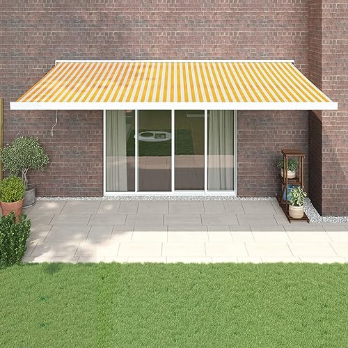 Einziehbare Gelenkarmmarkise 5x3m, Gelb-Weiß UV-beständig, Wasserdicht für Terrasse, Garten, Balkon, Motorisiert mit Fernbedienung