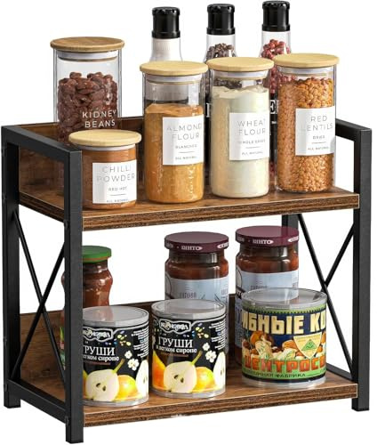 Miawtro 2 Tier Spice Rack, Wooden Kitchen Counter Shelf Organiser | 2-Tier Space Saving, Rustic Wood & Metal Design, Large Storage Capacity, Multi-Purpose Organiser, Strong & Stable Frame