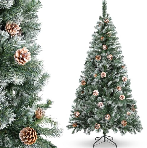 Aigostar Albero di Natale Artificiale Innevato 180CM，Super Folto ，Effetto Realistico，650 rami folti e 43 pigne naturali，Include Supporto in Metallo，Montaggio Facile