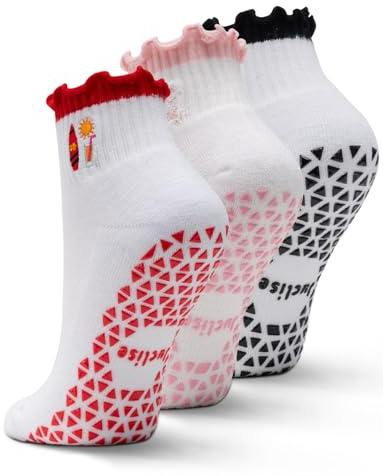 Juclise Pilates Socken Damen Rutschfeste Yoga Stoppersocken Baumwolle, Antirutsch Sneaker Socken mit Rüschen für Ballett, Barre, Tanz, Trampolin, Fitness & Zuhause, Atmungsaktive