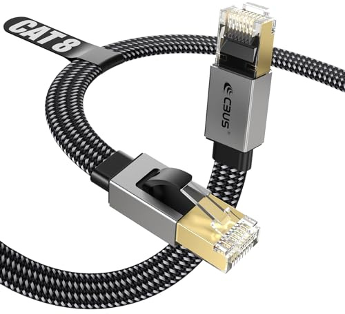 CBUS Cat 8 Câble Ethernet RJ45 5m Plat Tressé Cuivre Pur F/FTP + Terre, Super Débit 40Gbps 2000MHz, Cordon Réseau Durable Compatible Routeur Switch Box Internet PC PS5 PS4 Xbox Console Jeux