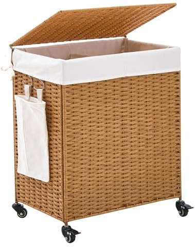 LGENHOOM Handwoven Hamper with Lid, Laundry Basket with Wheels, Machine Washable Liner, 2 Section Clothes Hamper for Bathroom Laundry Room Bedroom, Rattan, 125L