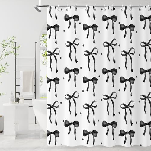 GCIREC Duschvorhang, 200x180cm, Schwarz Süße ästhetische Schleifen Wasserdichter Stoff Maschinenwaschbarer Badezimmervorhang mit Haken