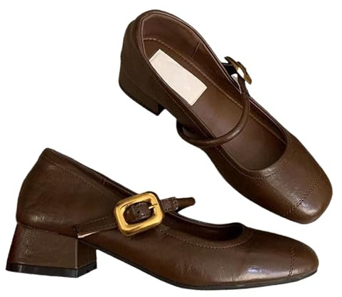 Scarpe Mary Jane da donna, con tacco basso, décolleté da donna, graziose, con punta quadrata e fibbia, classiche scarpe da balletto con punta quadrata per l'uso quotidiano, Marrone, 35.5 EU